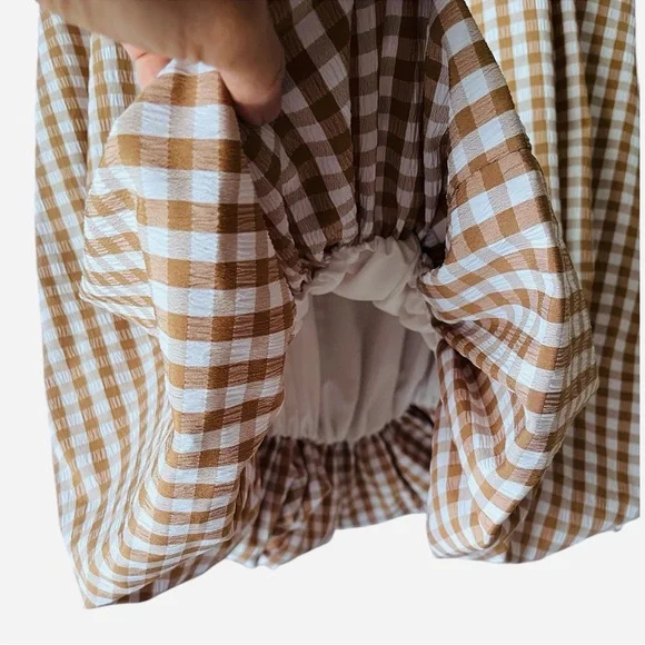 Emerson Lang Gingham Bubble Hem Midi Skirt Medium Beige White - Picture 4 of 7